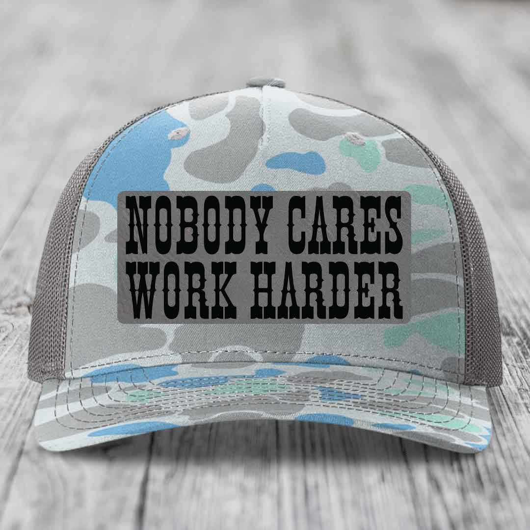 Nobody Cares, Work Harder - Leather Patch Hat - Grey to Black Patch - Richardson 112PFP Snapback Trucker Hat
