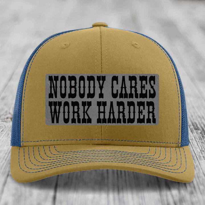 Nobody Cares, Work Harder - Leather Patch Hat - Grey to Black Patch - Richardson 112 Snapback Trucker Hat