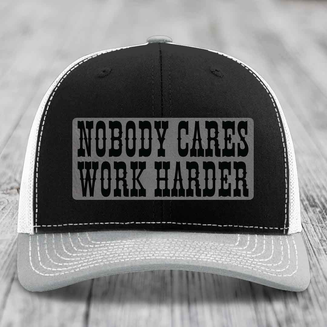 Nobody Cares, Work Harder - Leather Patch Hat - Grey to Black Patch - Richardson 112 Snapback Trucker Hat