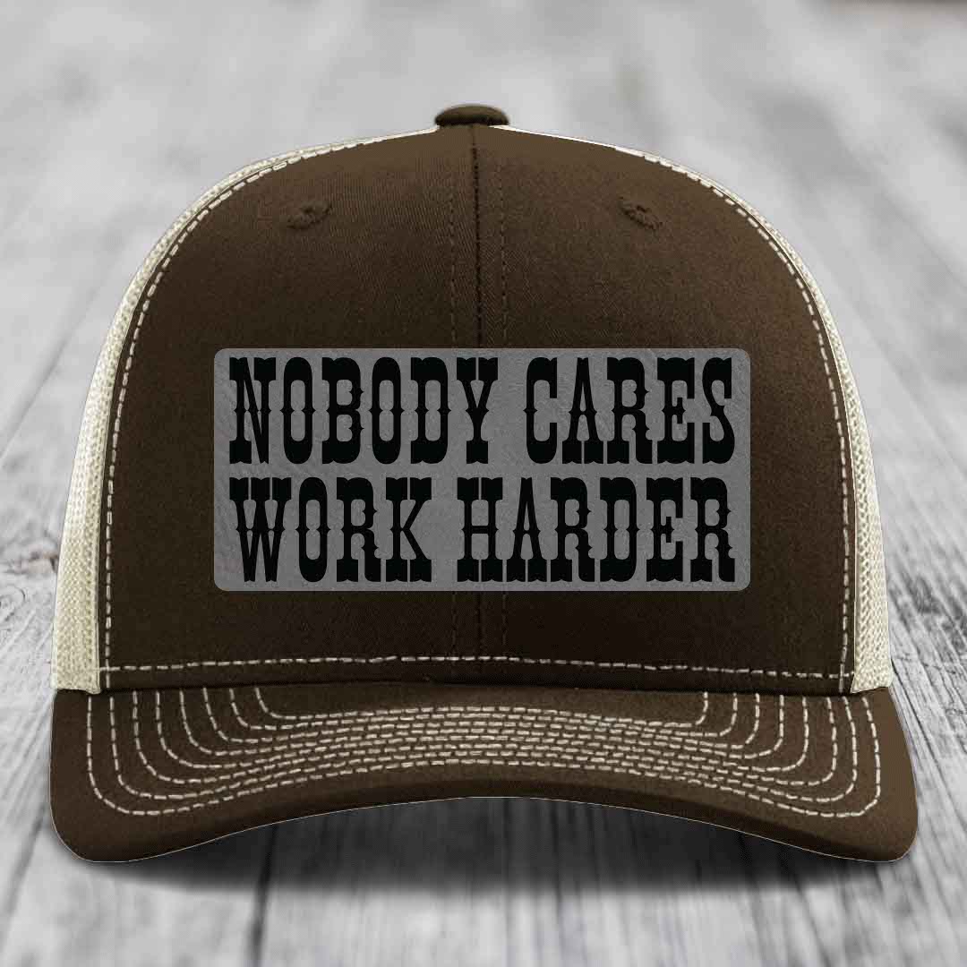 Nobody Cares, Work Harder - Leather Patch Hat - Grey to Black Patch - Richardson 112 Snapback Trucker Hat