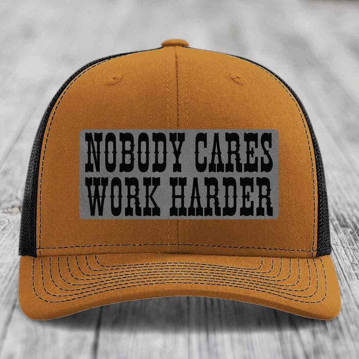Nobody Cares, Work Harder - Leather Patch Hat - Grey to Black Patch - Richardson 112 Snapback Trucker Hat