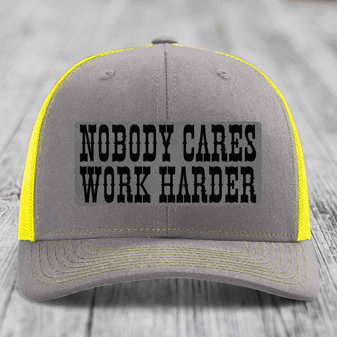 Nobody Cares, Work Harder - Leather Patch Hat - Grey to Black Patch - Richardson 112 Snapback Trucker Hat