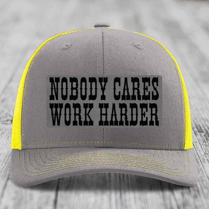 Nobody Cares, Work Harder - Leather Patch Hat - Grey to Black Patch - Richardson 112 Snapback Trucker Hat