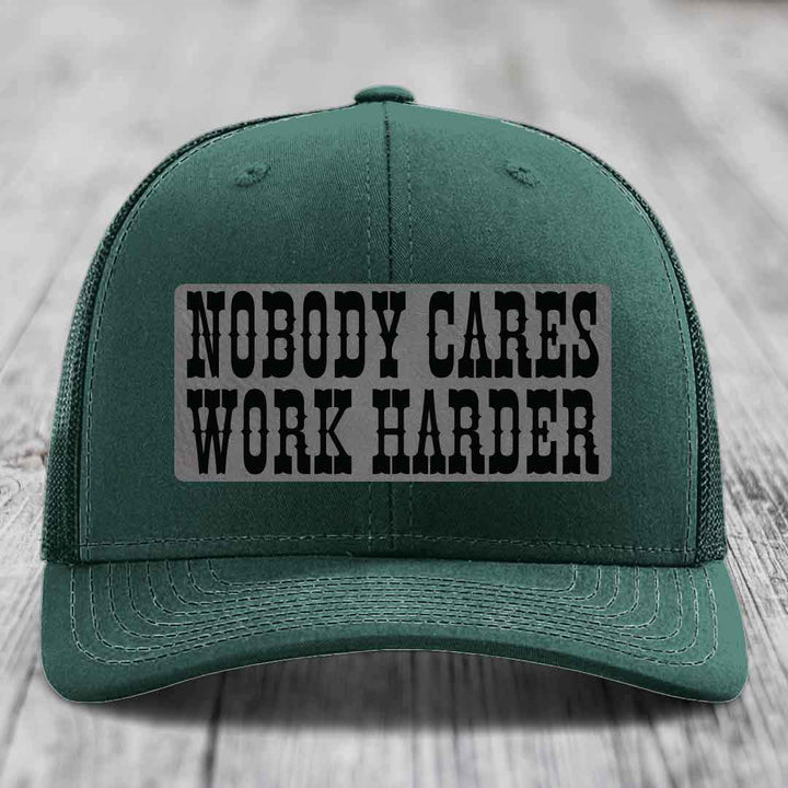 Nobody Cares, Work Harder - Leather Patch Hat - Grey to Black Patch - Richardson 112 Snapback Trucker Hat