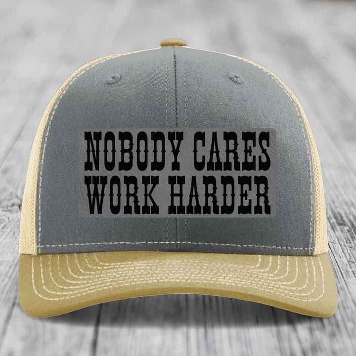 Nobody Cares, Work Harder - Leather Patch Hat - Grey to Black Patch - Richardson 112 Snapback Trucker Hat