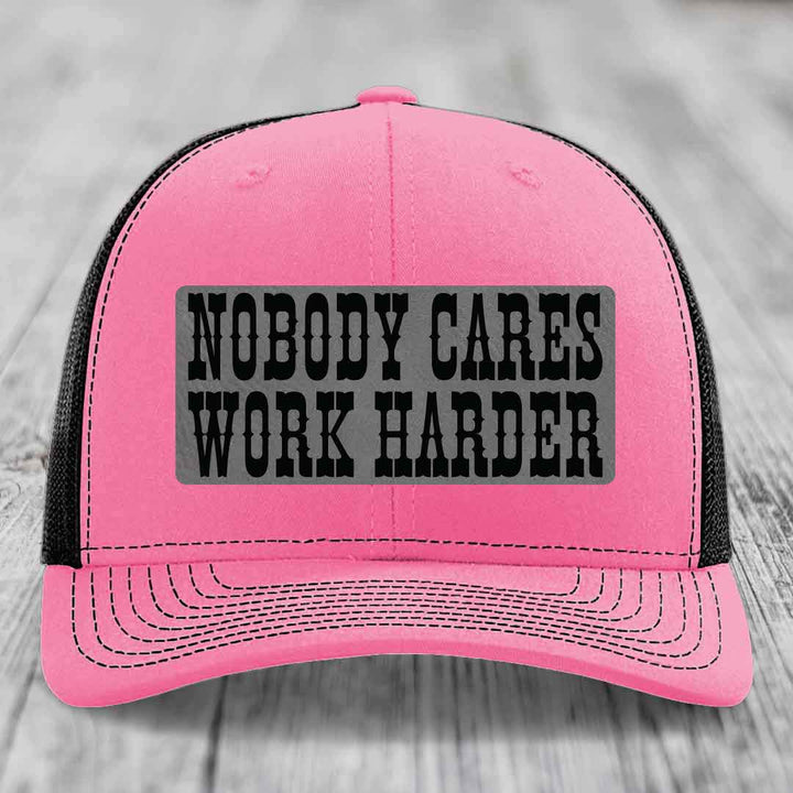 Nobody Cares, Work Harder - Leather Patch Hat - Grey to Black Patch - Richardson 112 Snapback Trucker Hat