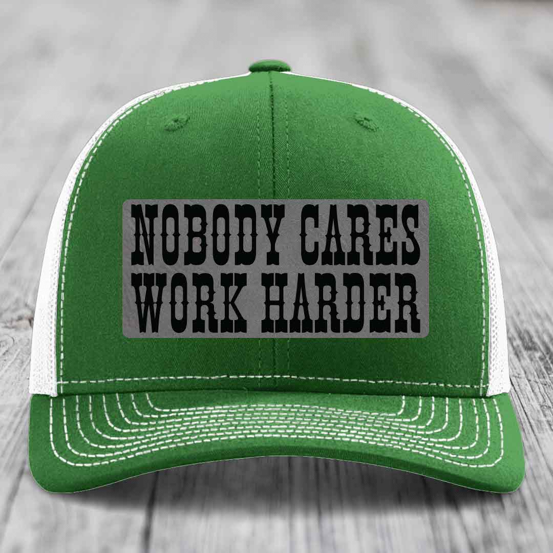 Nobody Cares, Work Harder - Leather Patch Hat - Grey to Black Patch - Richardson 112 Snapback Trucker Hat