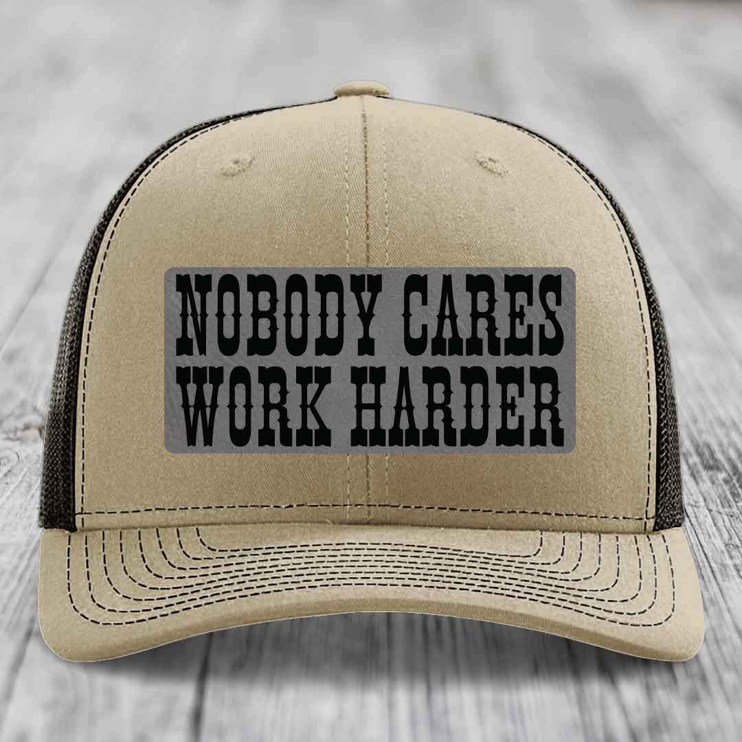 Nobody Cares, Work Harder - Leather Patch Hat - Grey to Black Patch - Richardson 112 Snapback Trucker Hat