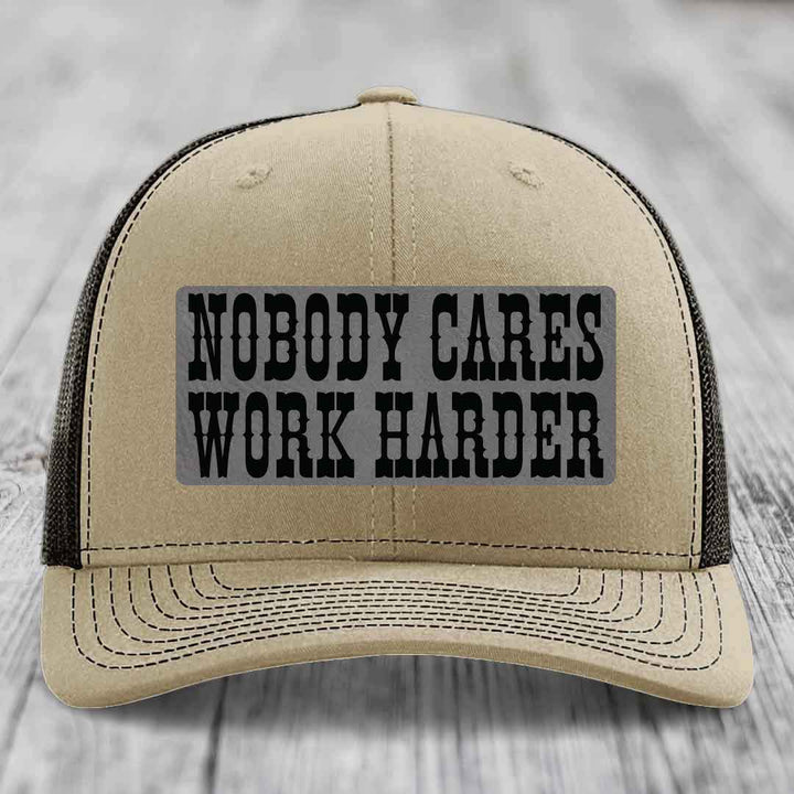 Nobody Cares, Work Harder - Leather Patch Hat - Grey to Black Patch - Richardson 112 Snapback Trucker Hat