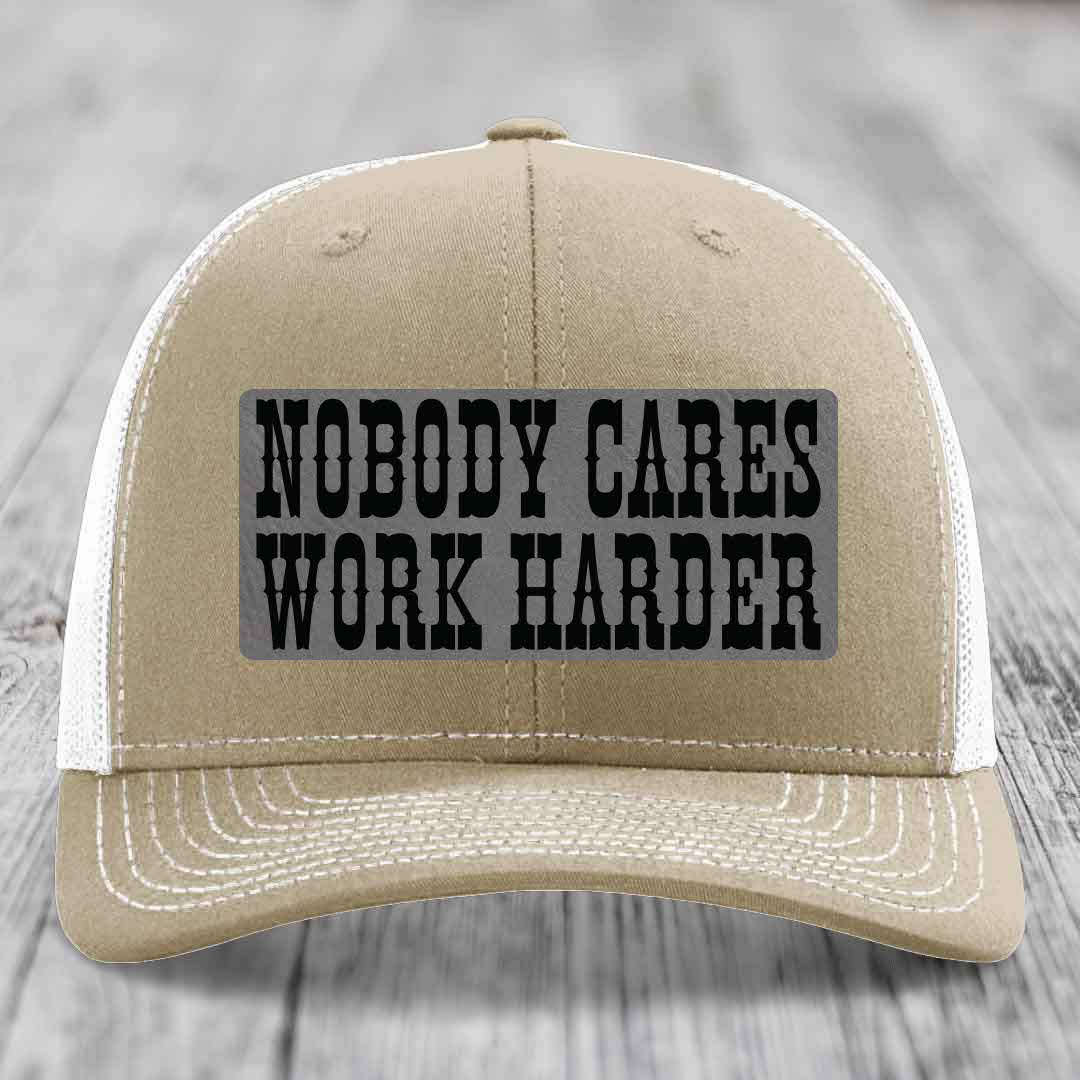 Nobody Cares, Work Harder - Leather Patch Hat - Grey to Black Patch - Richardson 112 Snapback Trucker Hat
