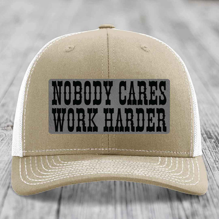 Nobody Cares, Work Harder - Leather Patch Hat - Grey to Black Patch - Richardson 112 Snapback Trucker Hat