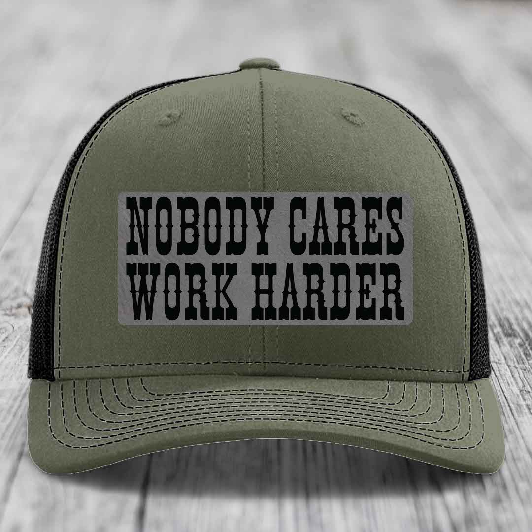 Nobody Cares, Work Harder - Leather Patch Hat - Grey to Black Patch - Richardson 112 Snapback Trucker Hat