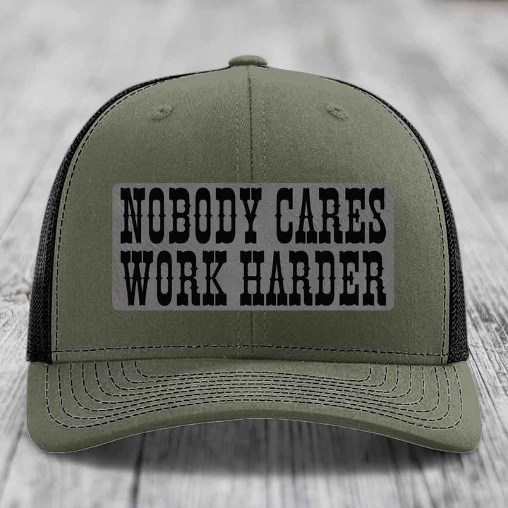 Nobody Cares, Work Harder - Leather Patch Hat - Grey to Black Patch - Richardson 112 Snapback Trucker Hat
