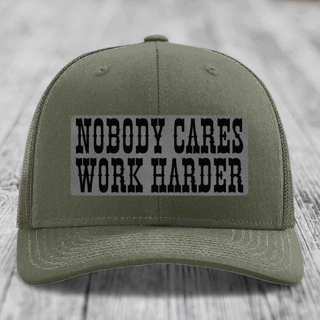 Nobody Cares, Work Harder - Leather Patch Hat - Grey to Black Patch - Richardson 112 Snapback Trucker Hat