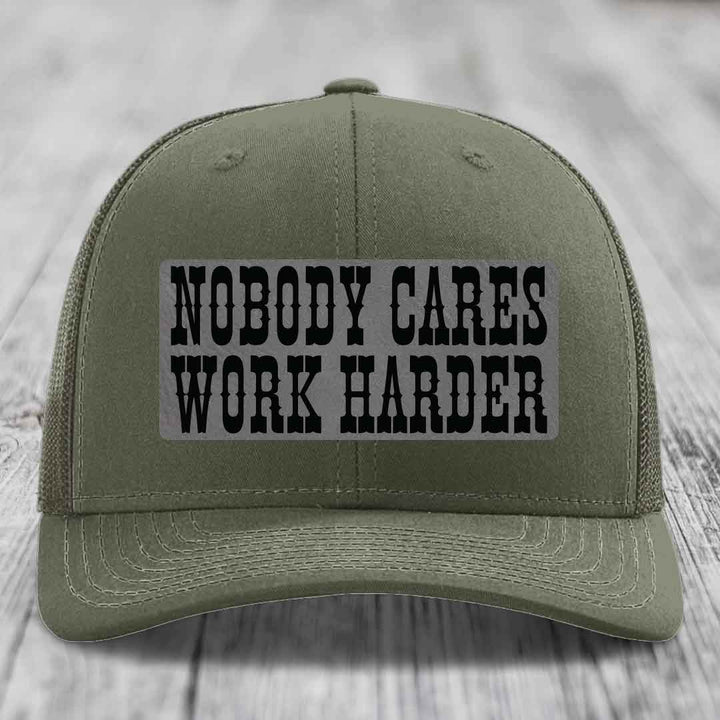 Nobody Cares, Work Harder - Leather Patch Hat - Grey to Black Patch - Richardson 112 Snapback Trucker Hat