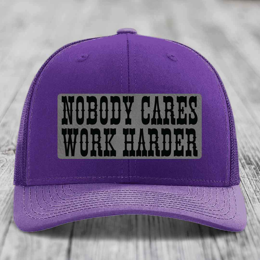 Nobody Cares, Work Harder - Leather Patch Hat - Grey to Black Patch - Richardson 112 Snapback Trucker Hat