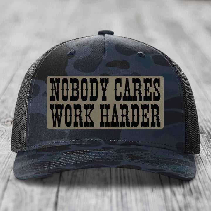 Nobody Cares, Work Harder - Leather Patch Hat - Light Brown to Black Patch - Richardson 112PFP Snapback Trucker Hat