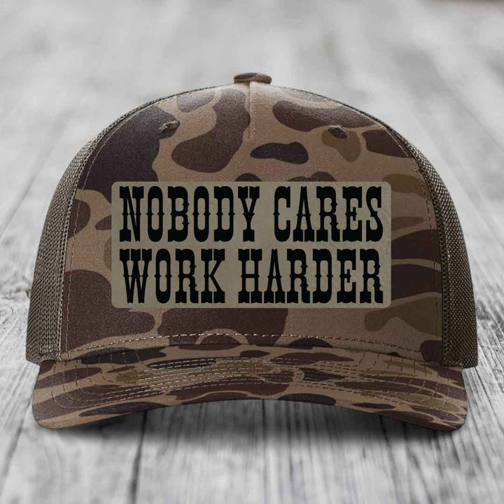 Nobody Cares, Work Harder - Leather Patch Hat - Light Brown to Black Patch - Richardson 112PFP Snapback Trucker Hat