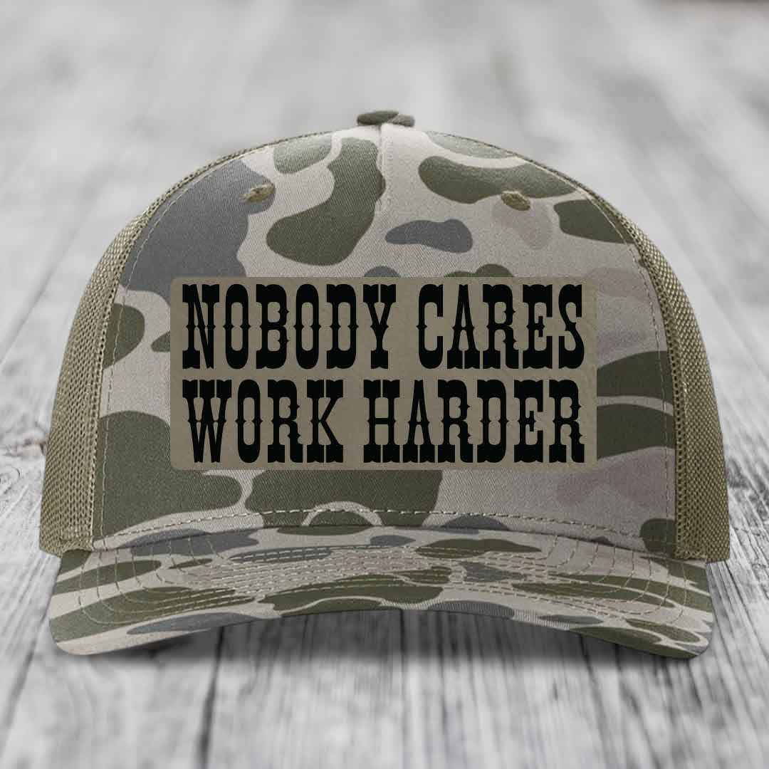 Nobody Cares, Work Harder - Leather Patch Hat - Light Brown to Black Patch - Richardson 112PFP Snapback Trucker Hat