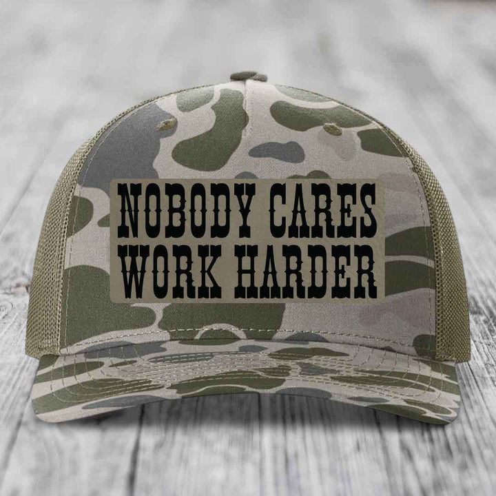 Nobody Cares, Work Harder - Leather Patch Hat - Light Brown to Black Patch - Richardson 112PFP Snapback Trucker Hat