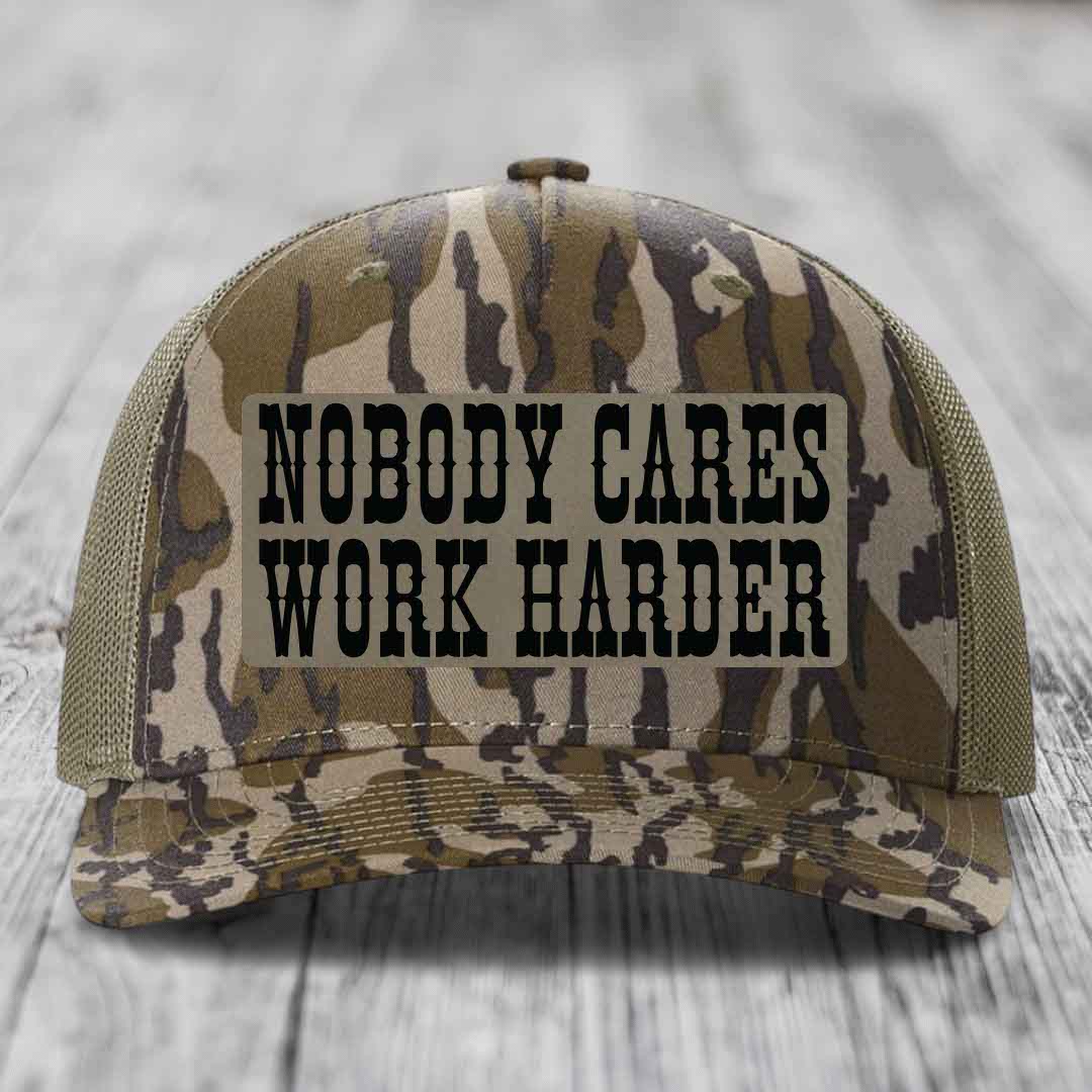 Nobody Cares, Work Harder - Leather Patch Hat - Light Brown to Black Patch - Richardson 112PFP Snapback Trucker Hat