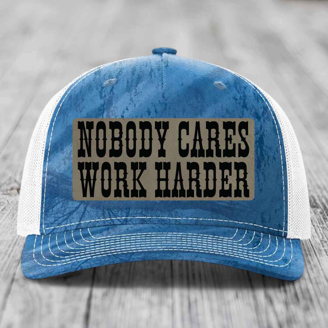 Nobody Cares, Work Harder - Leather Patch Hat - Light Brown to Black Patch - Richardson 112PFP Snapback Trucker Hat