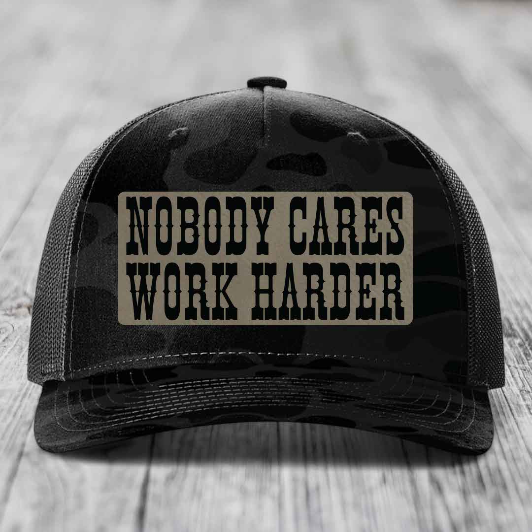 Nobody Cares, Work Harder - Leather Patch Hat - Light Brown to Black Patch - Richardson 112PFP Snapback Trucker Hat