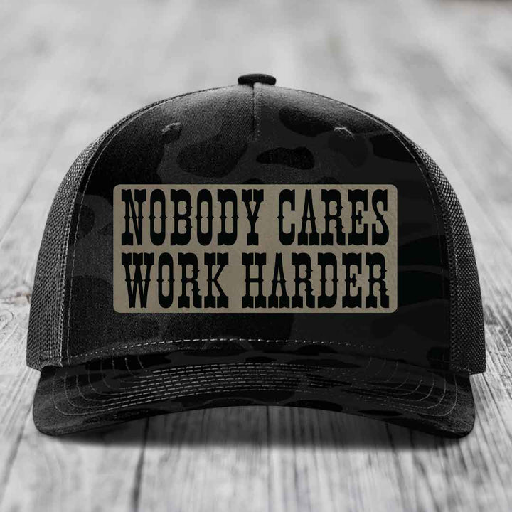 Nobody Cares, Work Harder - Leather Patch Hat - Light Brown to Black Patch - Richardson 112PFP Snapback Trucker Hat