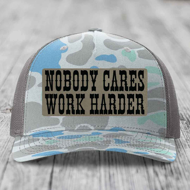 Nobody Cares, Work Harder - Leather Patch Hat - Light Brown to Black Patch - Richardson 112PFP Snapback Trucker Hat