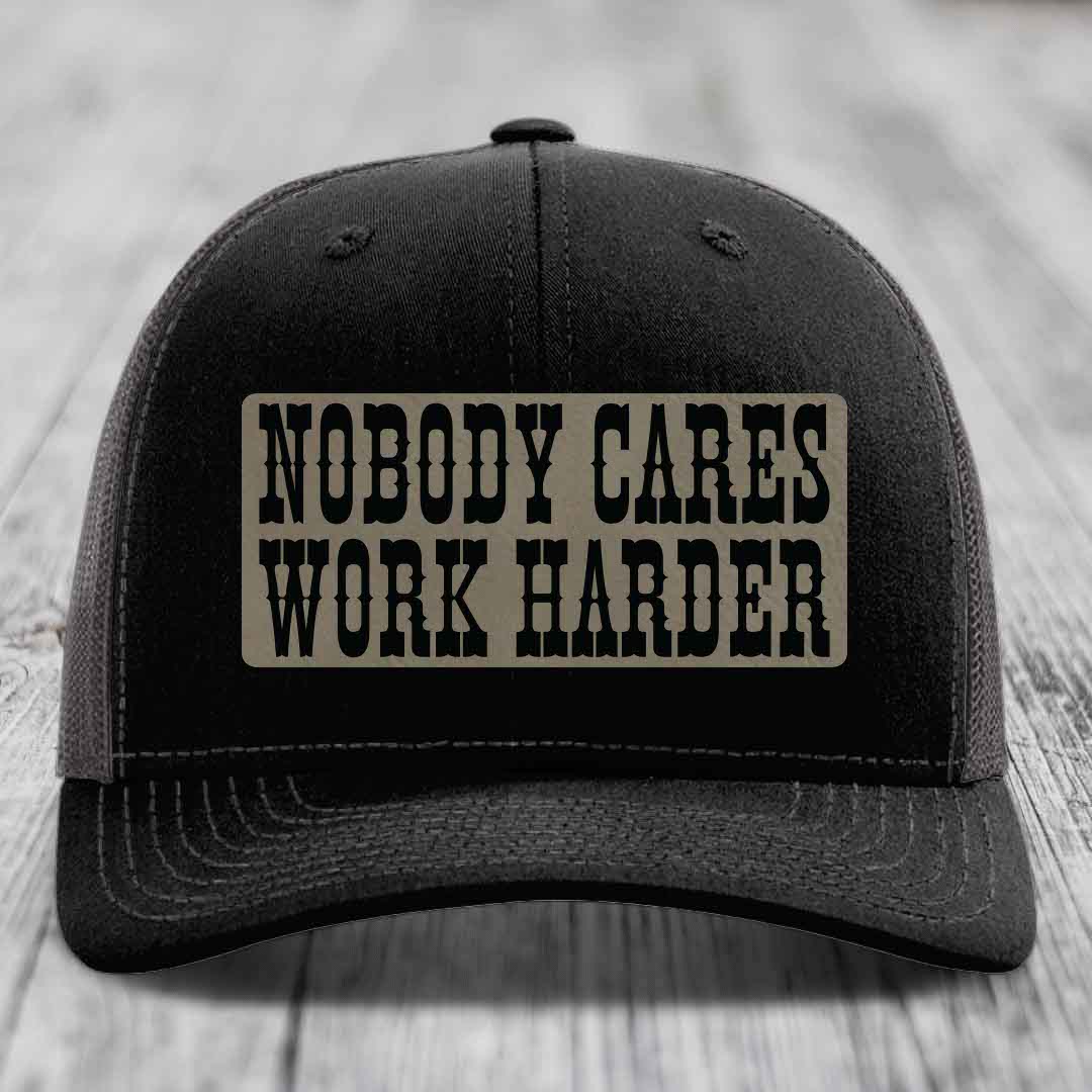 Nobody Cares, Work Harder - Leather Patch Hat - Light Brown to Black Patch - Richardson 112 Snapback Trucker Hat
