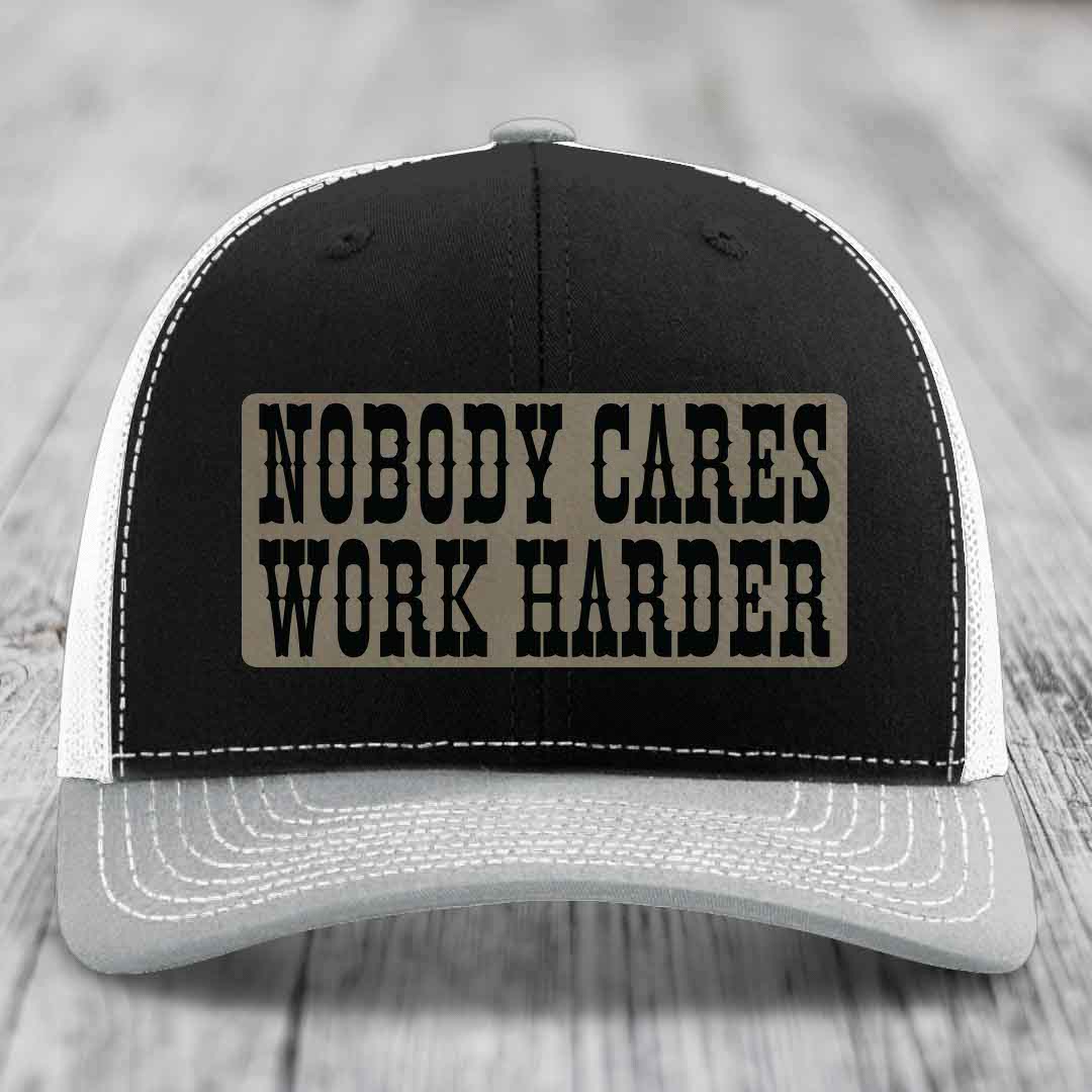 Nobody Cares, Work Harder - Leather Patch Hat - Light Brown to Black Patch - Richardson 112 Snapback Trucker Hat
