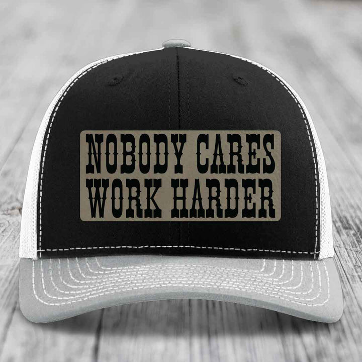 Nobody Cares, Work Harder - Leather Patch Hat - Light Brown to Black Patch - Richardson 112 Snapback Trucker Hat