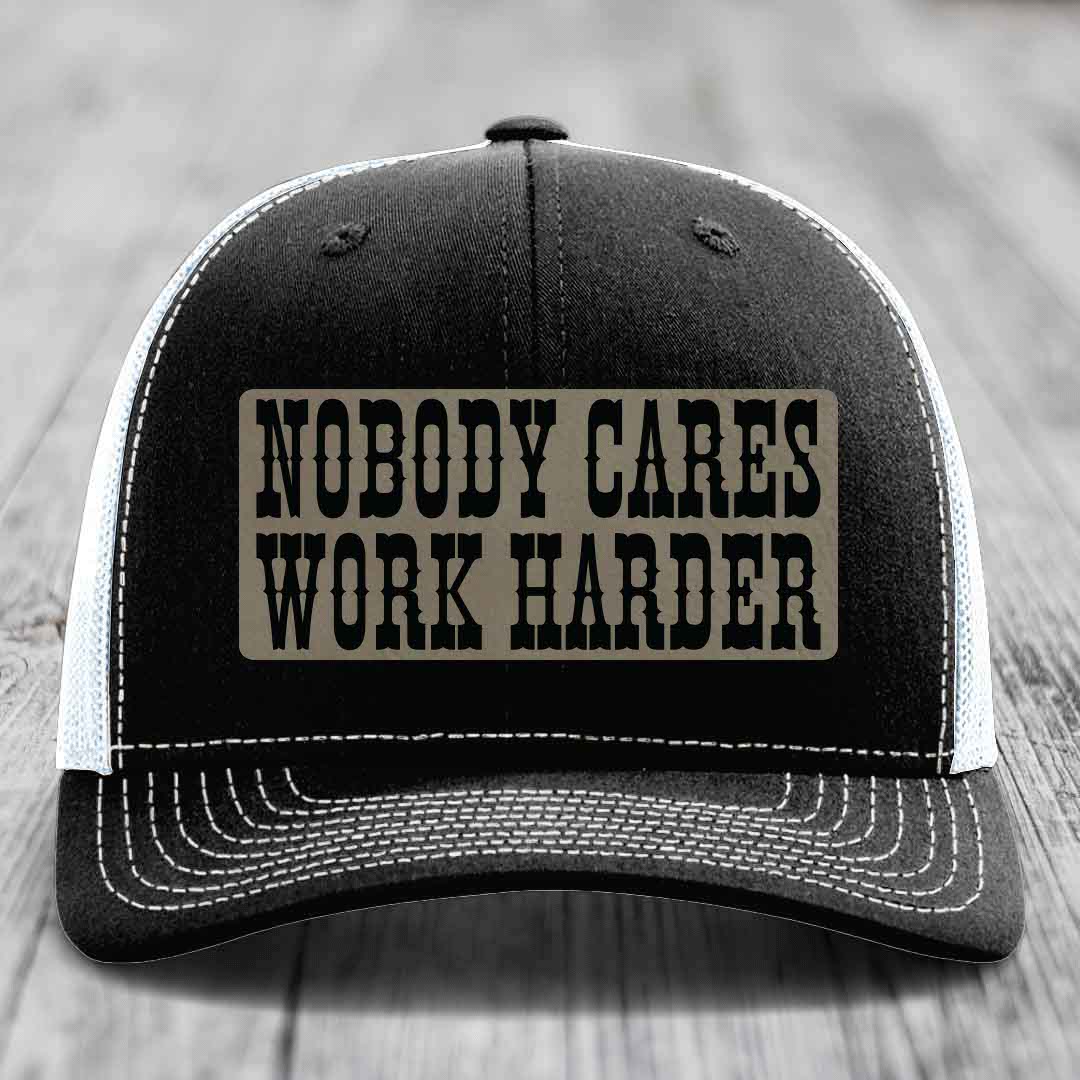 Nobody Cares, Work Harder - Leather Patch Hat - Light Brown to Black Patch - Richardson 112 Snapback Trucker Hat