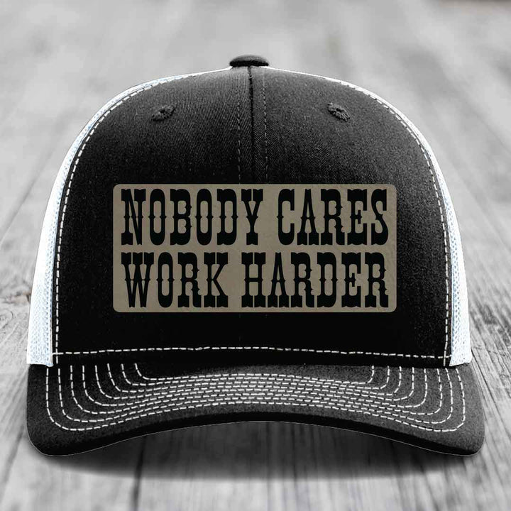 Nobody Cares, Work Harder - Leather Patch Hat - Light Brown to Black Patch - Richardson 112 Snapback Trucker Hat