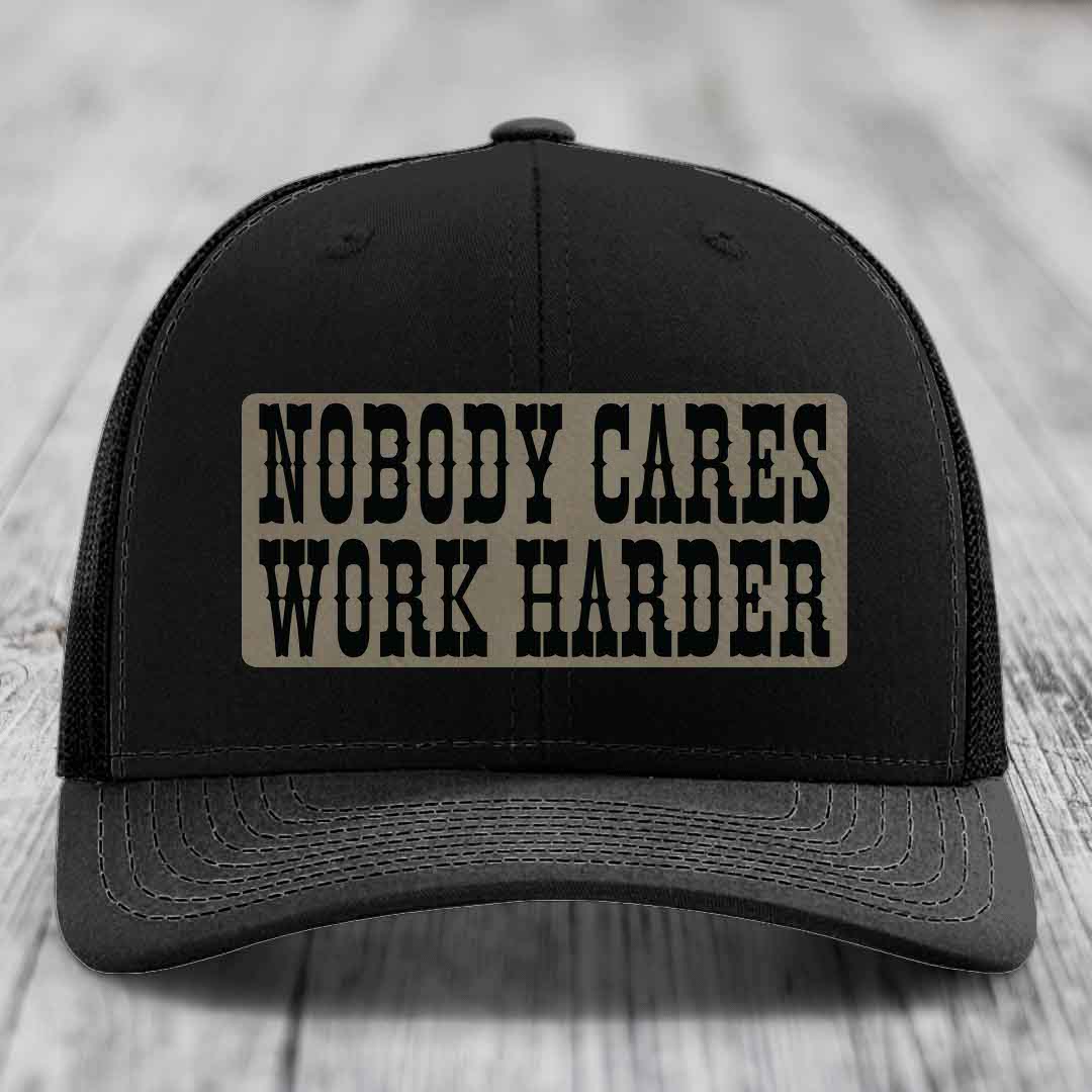 Nobody Cares, Work Harder - Leather Patch Hat - Light Brown to Black Patch - Richardson 112 Snapback Trucker Hat