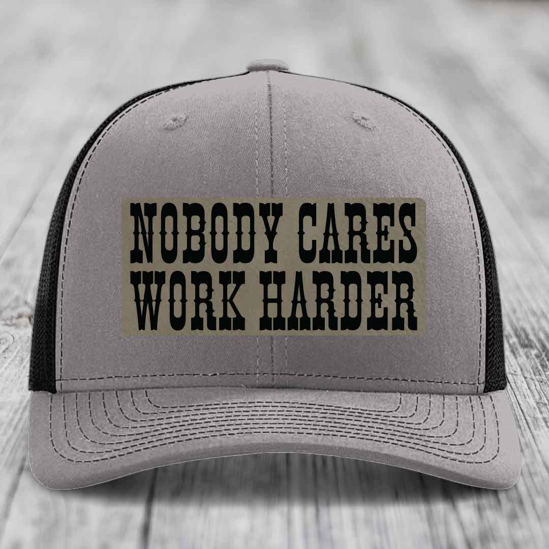 Nobody Cares, Work Harder - Leather Patch Hat - Light Brown to Black Patch - Richardson 112 Snapback Trucker Hat