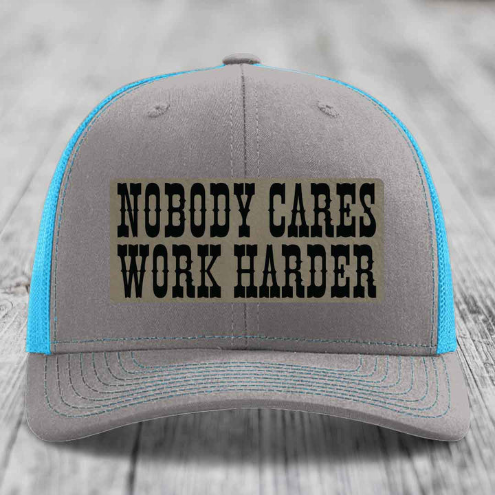 Nobody Cares, Work Harder - Leather Patch Hat - Light Brown to Black Patch - Richardson 112 Snapback Trucker Hat