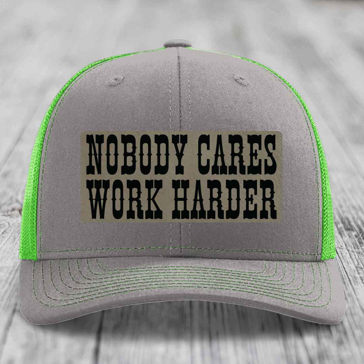 Nobody Cares, Work Harder - Leather Patch Hat - Light Brown to Black Patch - Richardson 112 Snapback Trucker Hat