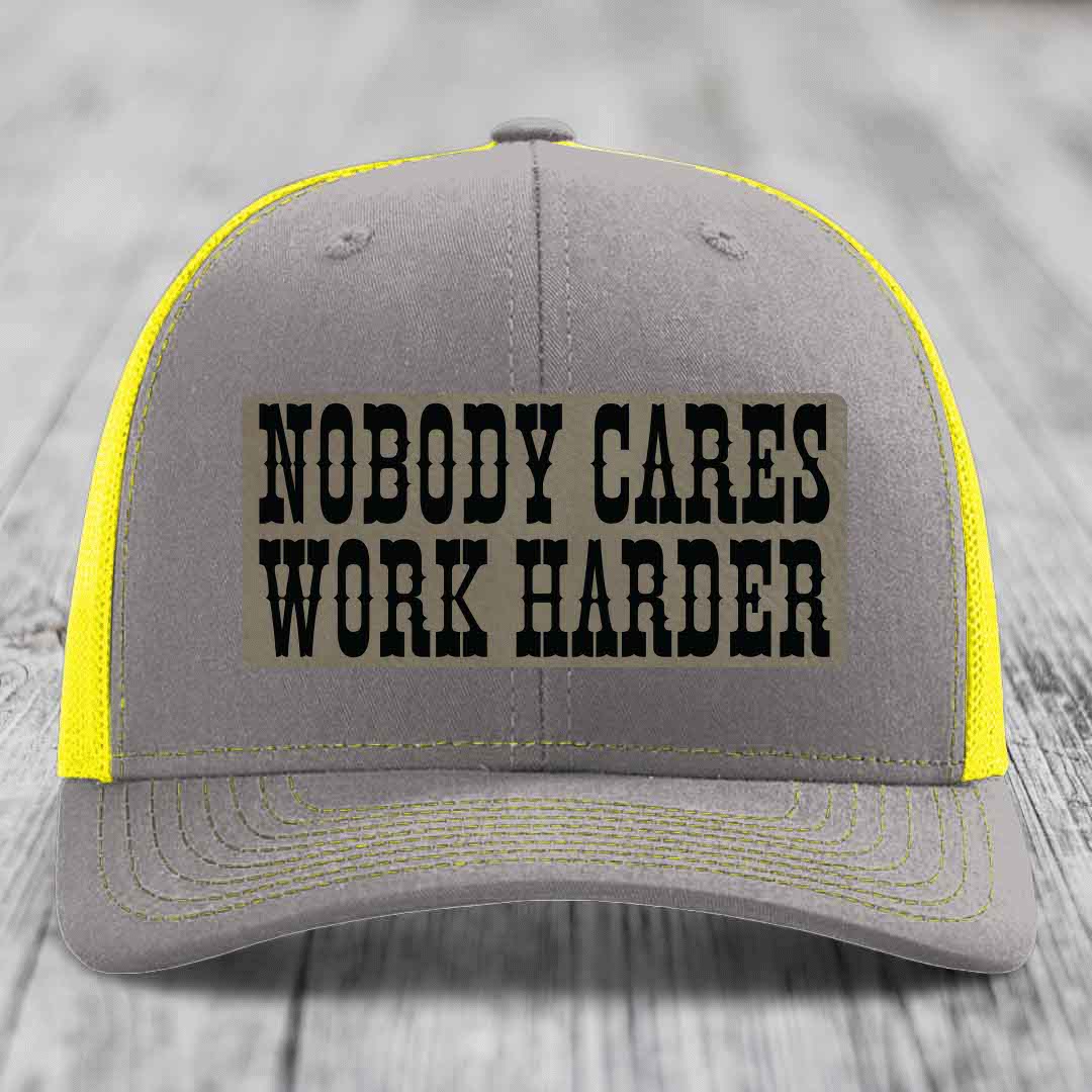 Nobody Cares, Work Harder - Leather Patch Hat - Light Brown to Black Patch - Richardson 112 Snapback Trucker Hat