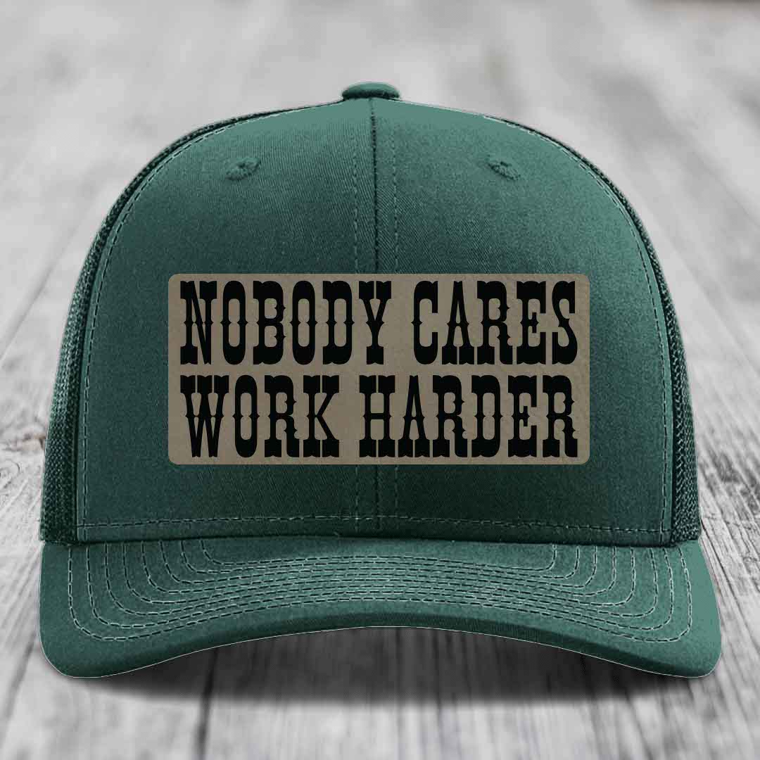 Nobody Cares, Work Harder - Leather Patch Hat - Light Brown to Black Patch - Richardson 112 Snapback Trucker Hat