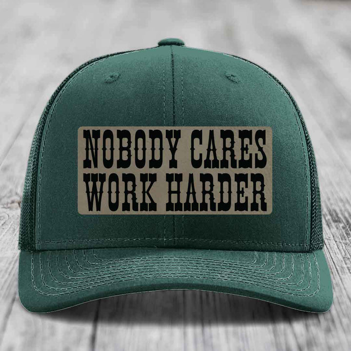 Nobody Cares, Work Harder - Leather Patch Hat - Light Brown to Black Patch - Richardson 112 Snapback Trucker Hat