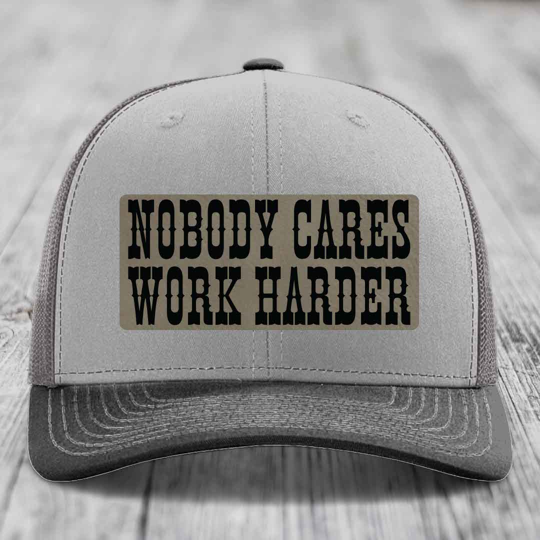 Nobody Cares, Work Harder - Leather Patch Hat - Light Brown to Black Patch - Richardson 112 Snapback Trucker Hat