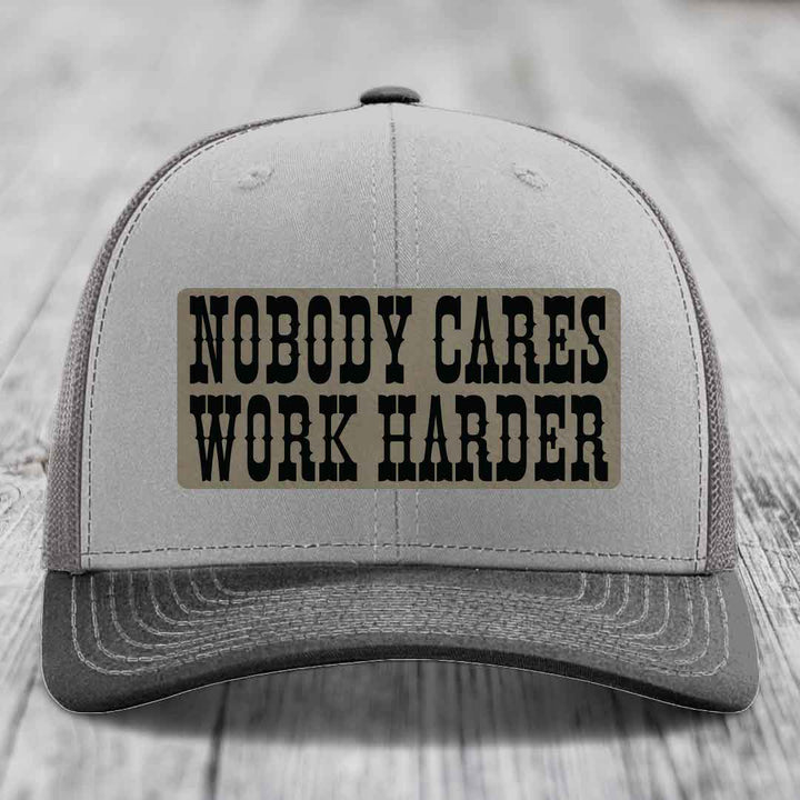 Nobody Cares, Work Harder - Leather Patch Hat - Light Brown to Black Patch - Richardson 112 Snapback Trucker Hat