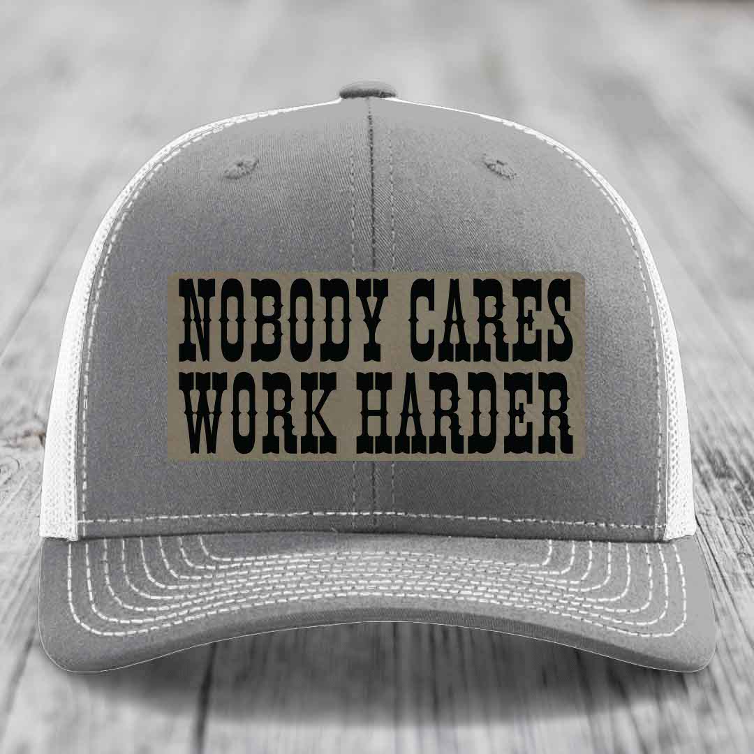 Nobody Cares, Work Harder - Leather Patch Hat - Light Brown to Black Patch - Richardson 112 Snapback Trucker Hat