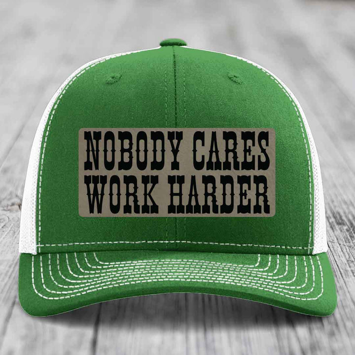 Nobody Cares, Work Harder - Leather Patch Hat - Light Brown to Black Patch - Richardson 112 Snapback Trucker Hat