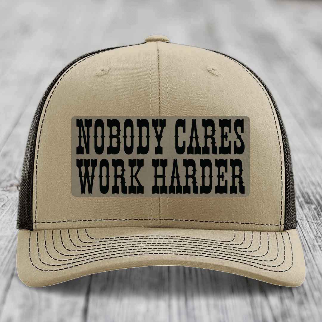 Nobody Cares, Work Harder - Leather Patch Hat - Light Brown to Black Patch - Richardson 112 Snapback Trucker Hat