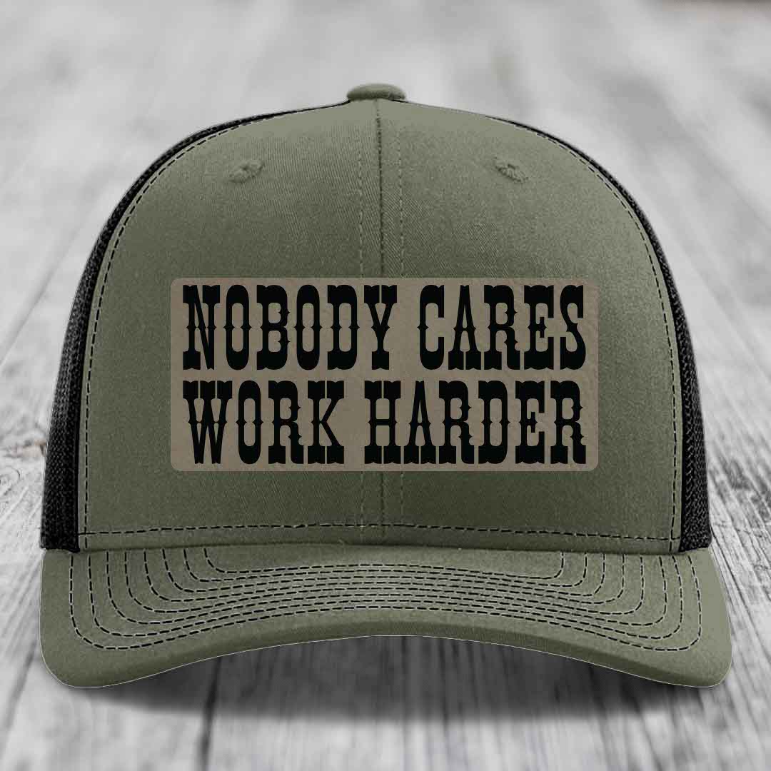 Nobody Cares, Work Harder - Leather Patch Hat - Light Brown to Black Patch - Richardson 112 Snapback Trucker Hat