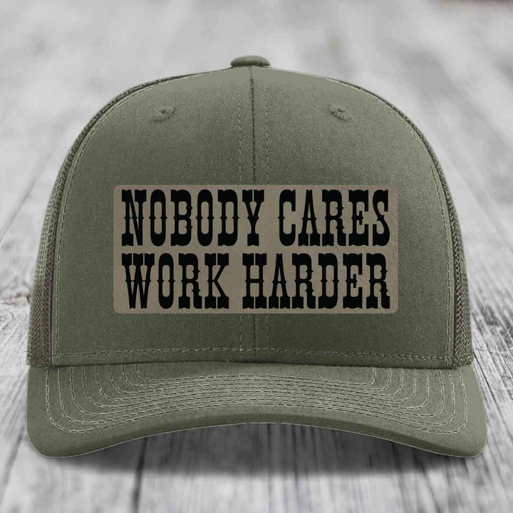 Nobody Cares, Work Harder - Leather Patch Hat - Light Brown to Black Patch - Richardson 112 Snapback Trucker Hat