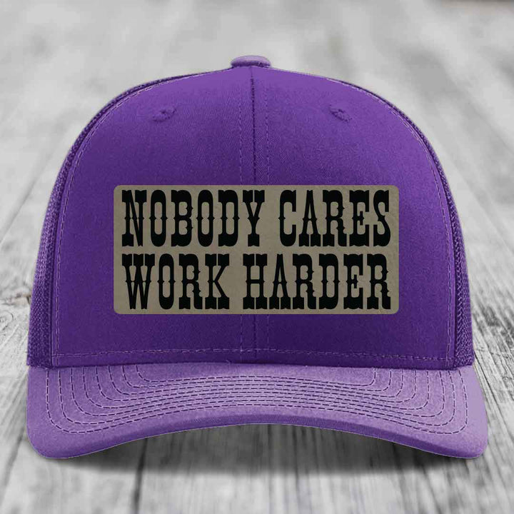 Nobody Cares, Work Harder - Leather Patch Hat - Light Brown to Black Patch - Richardson 112 Snapback Trucker Hat
