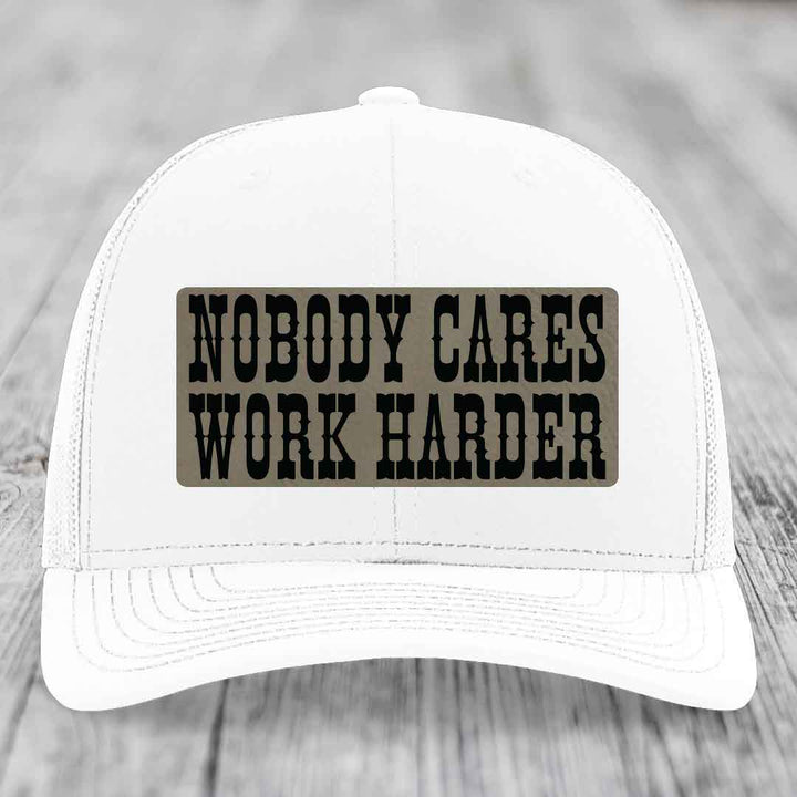 Nobody Cares, Work Harder - Leather Patch Hat - Light Brown to Black Patch - Richardson 112 Snapback Trucker Hat